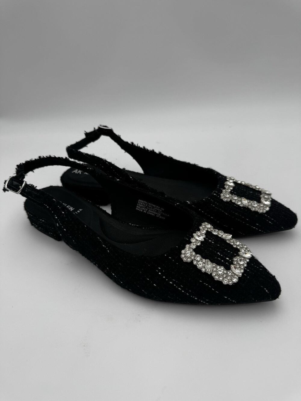 Anne Klein iFlex Black Tweed Slingback Flats Rhinestone Buckle Women’s 9M